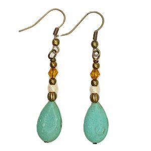 Magnesite Tear Drop Earrings with Faceted Glass Beads - Blue Green